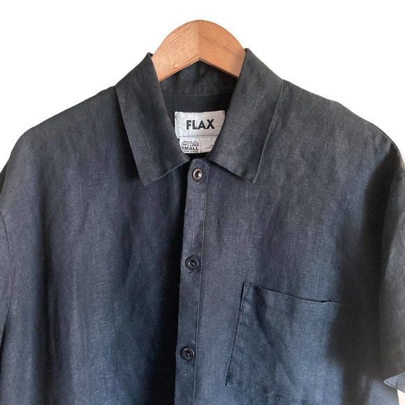 Flax Button Down Straight Hem Short Sleeve Collared Linen Shirt Black Small - Picture 2 of 4